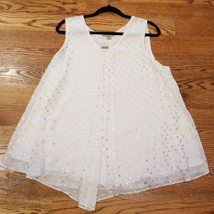 White flowy top with gold polka dots and gold top